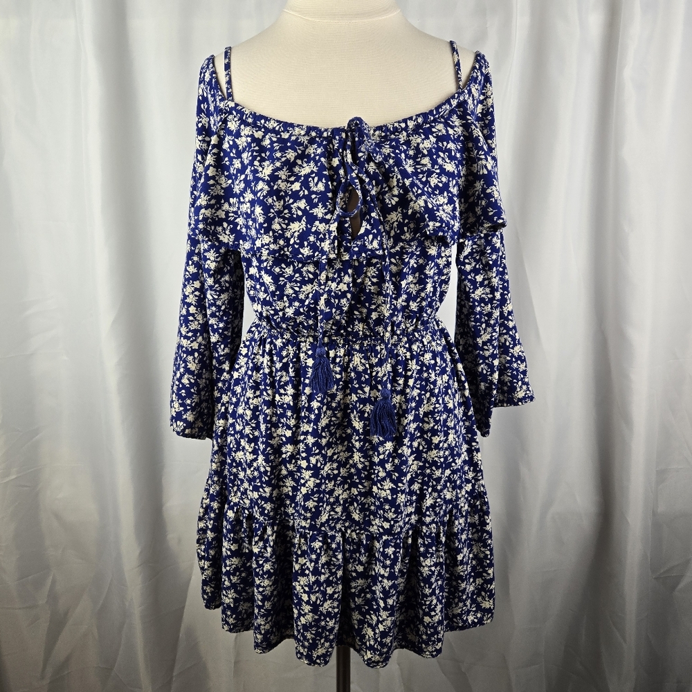 Charlotte Russe Blue Ditsy Floral Off Shoulder Boho Prairie Ruffle Dress Size XS